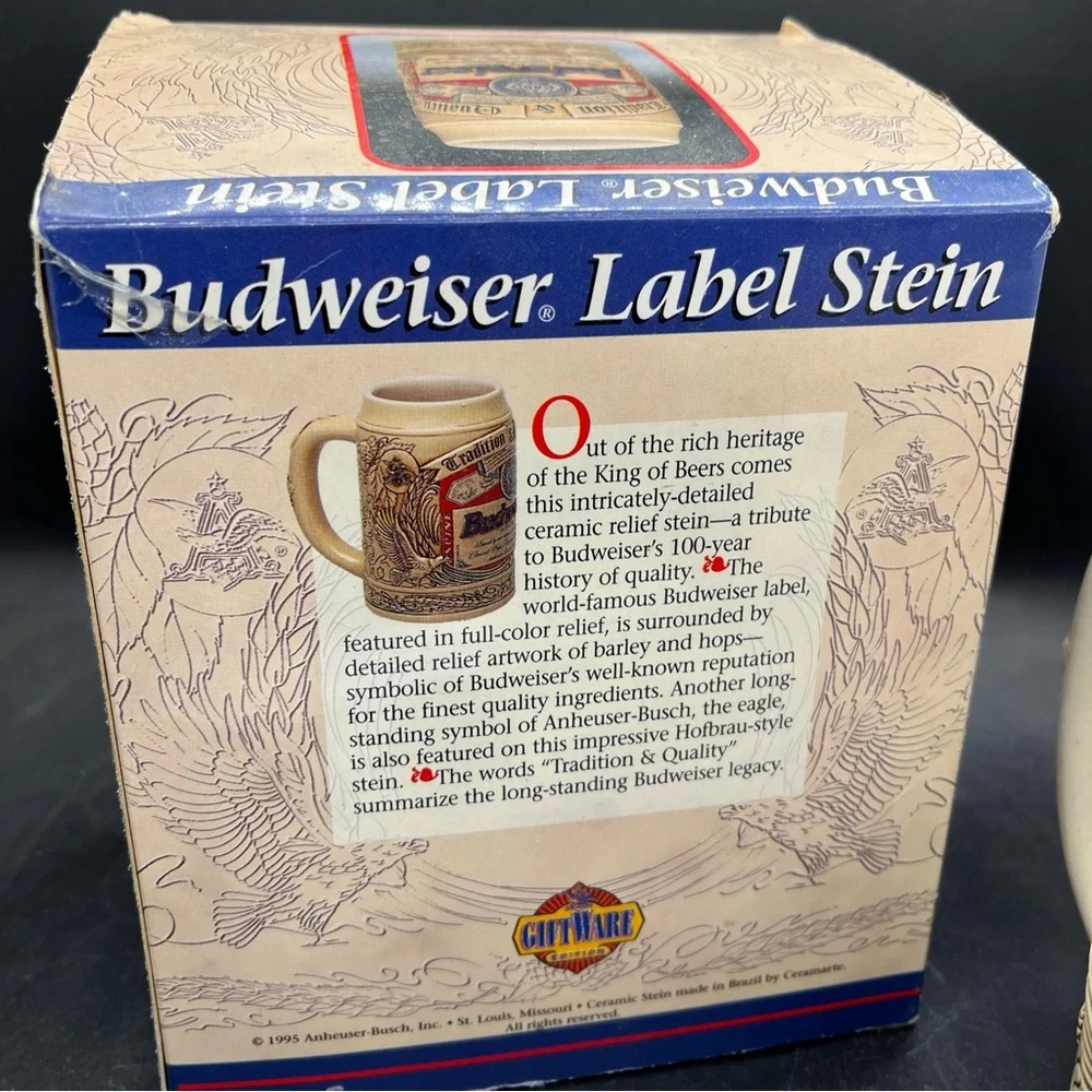 Budweiser Label Stein Beer Mug Cup 1995 Ceramarte Brazil w/ Box & COA